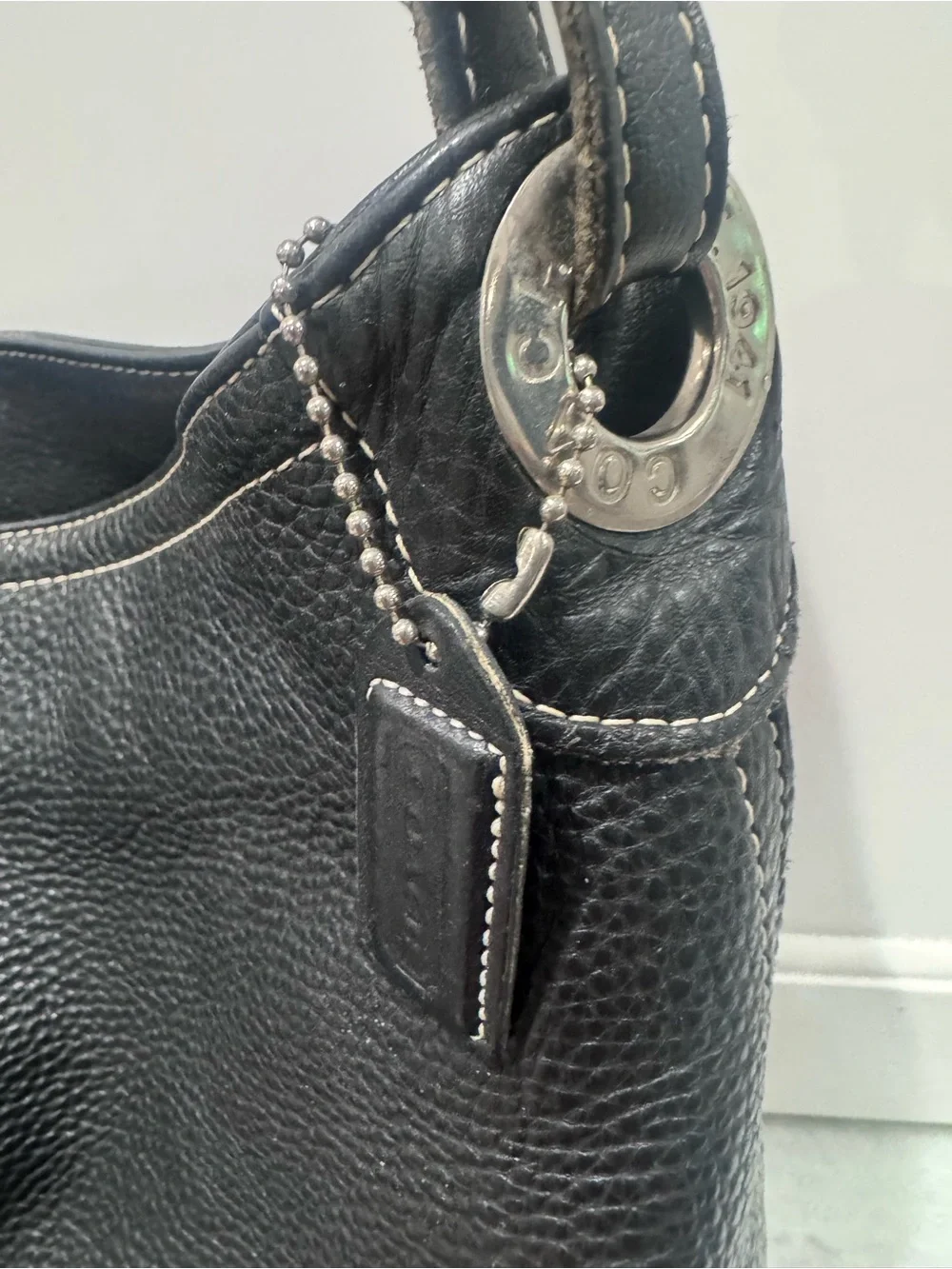 Black Leather Shoulder Bag with Contrast Stitching by Coach